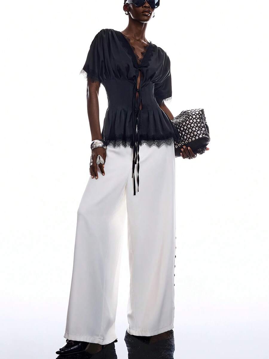 LYSMO Solid Color V-Neck Lace Patchwork Short Sleeve Cinched Waist Pleated Blouse, Summer - Black - View 1