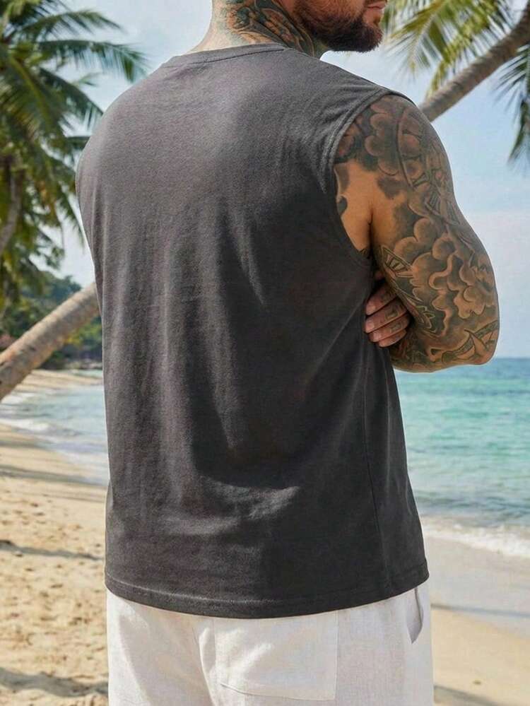 Plus Size Men's Casual Letter Print Tank Top, Suitable For Summer, Vacation And Daily Commute