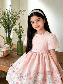 SHEIN Elladie kids 少女碎花蕾丝圆领连衣裙 - 彩色 - 查看 4