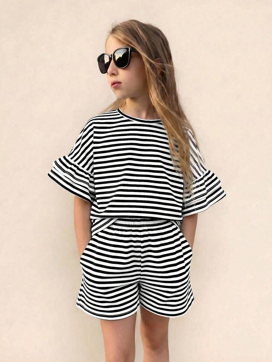 SHEIN 2pcs/Set Tween Girls' Round Neck Short Sleeve Striped Ruffle Sleeve T-Shirt And Striped Shorts - Black and White - View 1