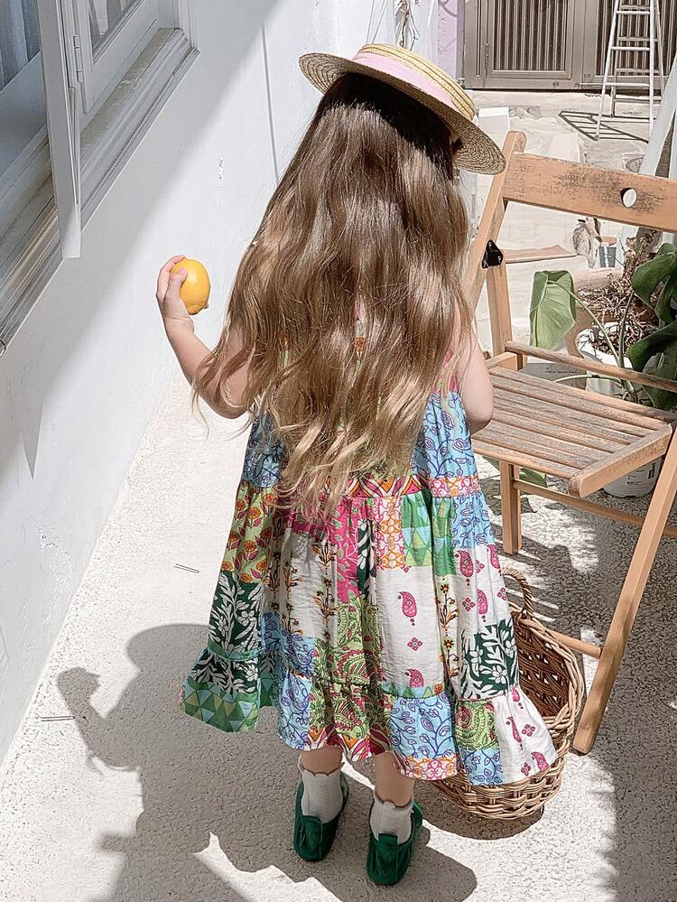 Young Girl Summer Casual Patchwork Print Round Neck Sleeveless Dress Vacation