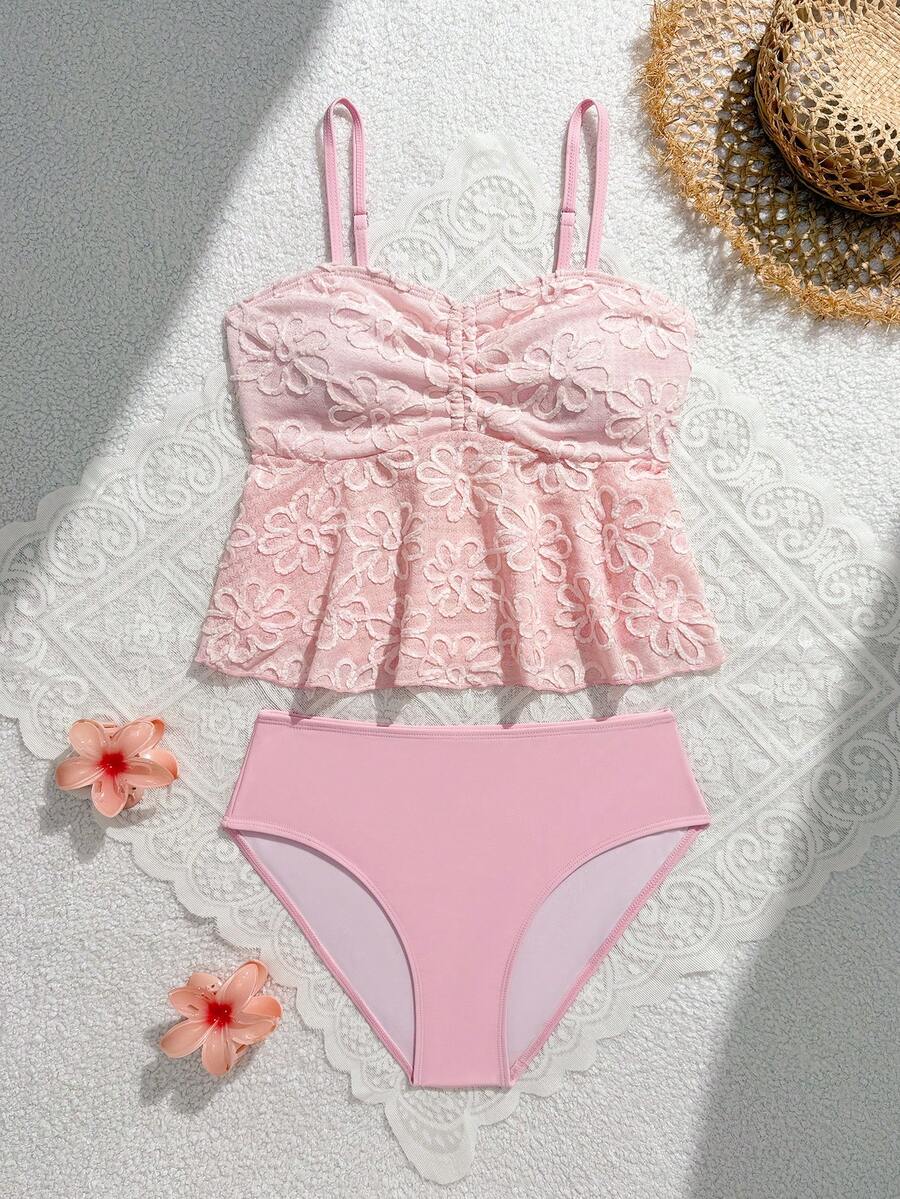 SHEIN 2pcs/Set Teen Girl Pink Knitted Sunflower Bikini Set,3D Flower Lace Ruffle Cami Top&High-Waisted Briefs Summer Beach Holiday Holiday Bathing Suits - Pink - View 1