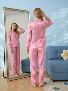 Joivida 2-Piece Long-Sleeved Sleepwear Set With Striped Prints, Lapel, And Button-Up Design For Casual Home Wear - Pink - View 3