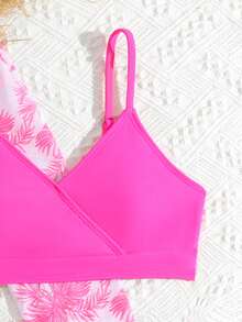 SHEIN Bộ đồ bơi cho bé gái tuổi teen, 4 món đồ bơi riêng lẻ in họa tiết thời trang với viền bèo nhún, thích hợp cho bơi lội, kỳ nghỉ, bãi biển, hồ bơi, tiệc hè. Bộ đồ bơi 3 món màu hồng, bộ đồ bơi 3 mảnh in hình cây cọ cho bé gái, áo khoác ngoài đồ bơi dài tay. - Màu Hồng Tươi - Xem 4