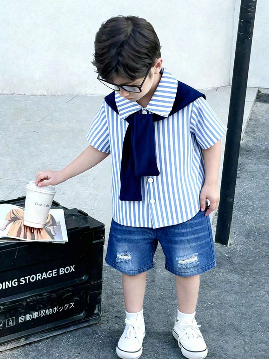 Genkimix Kids 男童夏季休闲格子图案短袖衬衫搭配宽松短裤,适合日常外出、上学、与朋友聚会、休闲活动和拍照。 - 藍色 - 查看 1