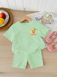 Baby Girls Lime Green Cute Face Print 2 Piece Set,Summer Casual Round Neck Short Sleeve T-Shirt And Tight Cycling Shorts For Vacation Daily Wear - Multicolor - View 4