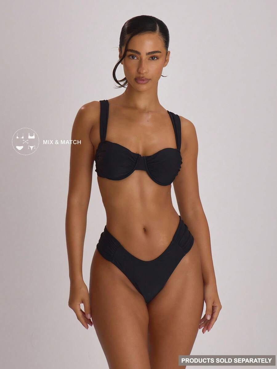 Musera Resort Underwire Thick Shoulder Ruched Cup Bikini Top Swim Vacation Holiday Summer Travel Beachwear Basics Solid Colour Swimwear Resort Core - Black - View 1