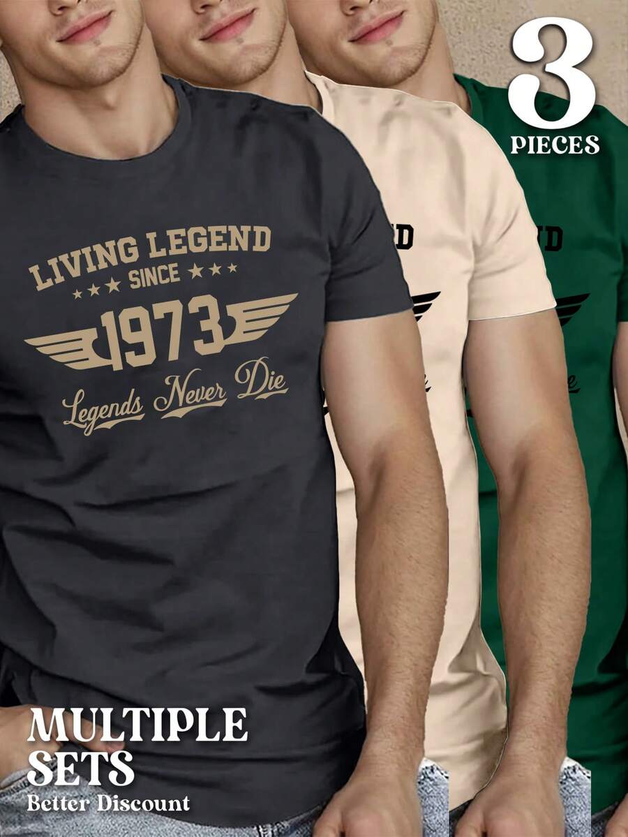 Manfinity Homme 3pcs "Legendary Since 1973" Classic Graphic Short Sleeve T-Shirt Set, Retro Style Solid Color Tees - Apricot - View 1