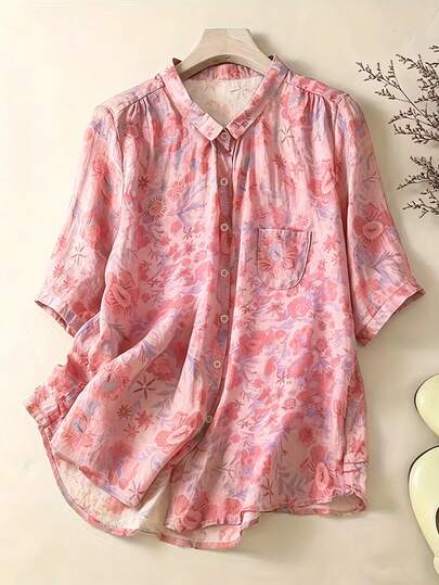 EMERY ROSE 2026 Plus Size Women's Spring/Summer New Arrival: Fresh Floral Print Fashionable Casual Versatile Yellow-Green Short-Sleeve Collared Shirt Perfect For Spring And Summer Outfits