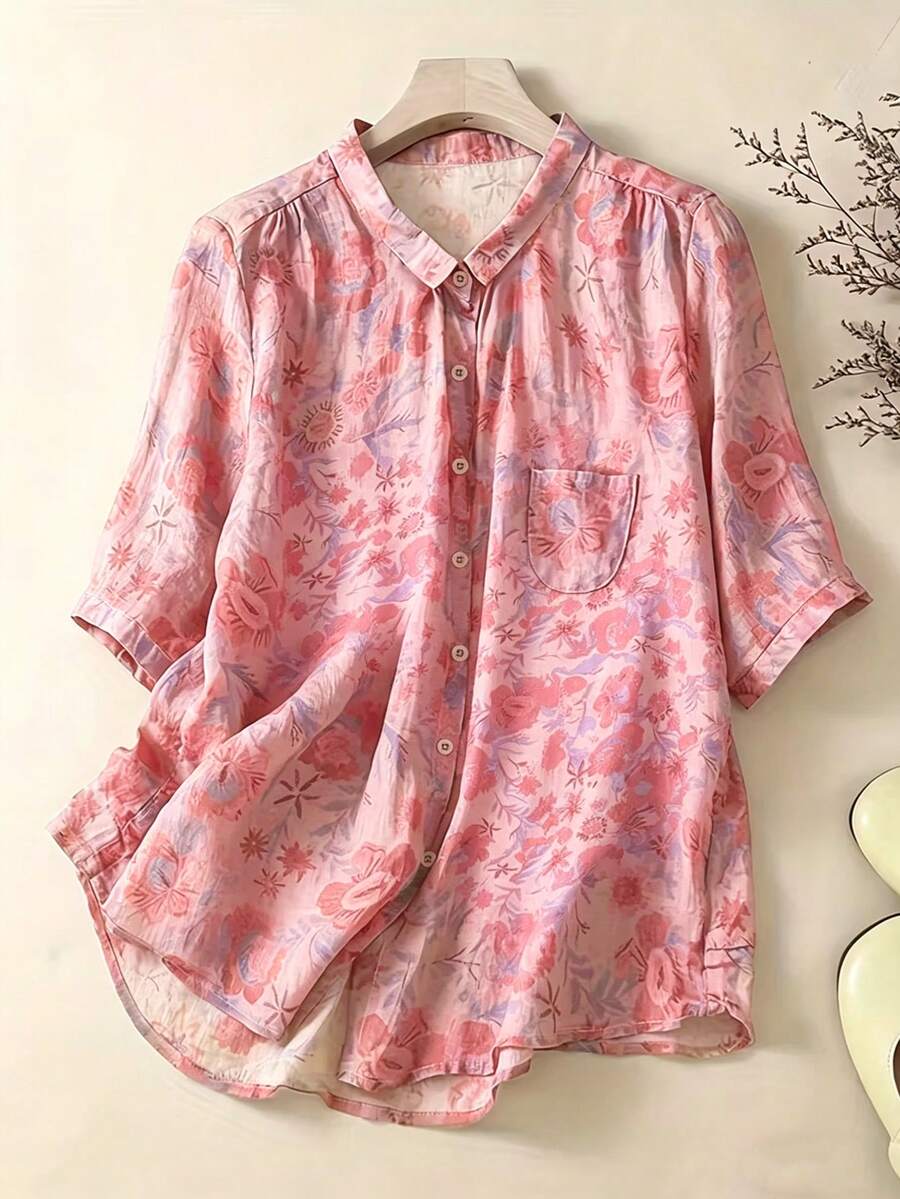 EMERY ROSE 2026年大码女装春夏新品:清新花卉印花时尚休闲百搭黄绿色短袖翻领衬衫,是春夏穿搭的完美之选。 - 粉色 - 查看 1