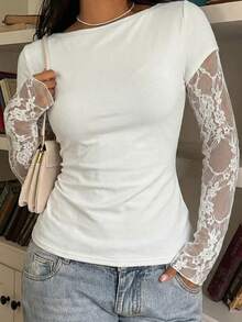 SHEIN CovetEZ 95% Cotton Casual White Knit Lace Patchwork 2 In 1 Long Sleeve Top For Women, Summer - White - View 6