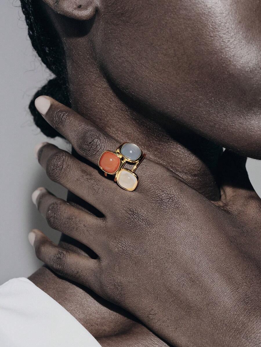 Noxbound 18K Gold-Plated Geometric Square Three-Color Personalized Ring,18K Gold-Plated,Minimalist/Vintage/Elegant,For Mom/Women/Girl/Mother,Summer/Beach/Prom/Part/Vacation/Travel,BOHEMIAN/Modern/Chic,Daily Wear/Work Day - Multicolor - View 1