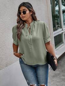 SHEIN Clasi Plus Size Women's Solid Color Tie Collar Short Sleeve Casual Shirt - Army Green - View 3