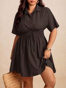 Elaquor Vestido casual de talla grande de unicolor con cintura ceñida - Café integral - Ver 3