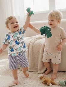 Cozy Pixies Bộ 2 áo len cổ tròn tay ngắn mềm mại họa tiết khủng long hoạt hình cho bé trai, trẻ em. - Màu Khaki - Xem 10