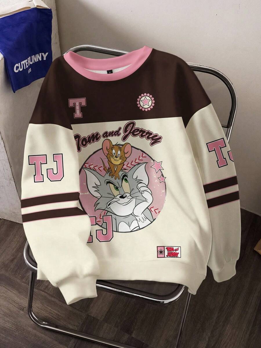 TOM & JERRY X SHEIN 女士休闲撞色卡通图案圆领卫衣，秋季款 - 白色 - 查看 1