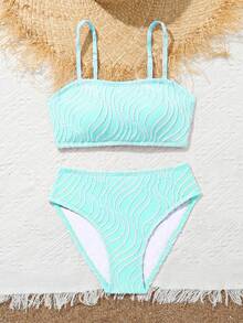 2pcs/Set Girls Fashionable Casual  Bikini Set, Suitable For Beach, Swimming, Travel In Summer - Blue - View 7