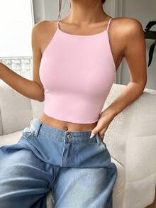 SHEIN EZwear 女士休闲纯色简约背心，夏季 - 粉色 - 查看 6