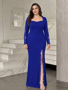 Modelyn 大尺碼優雅仿珍珠裝飾魚尾裙擺開衩正式晚禮服派對婚禮 - 寶藍色 - 查看 3