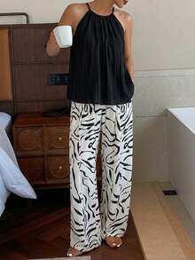 DAZY Women Solid Color Halter Top & Full Print Pants Pajama Set - Black - View 6