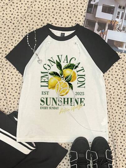 Attitoon Casual Minimalist Lemon Letter Placement Print Retro Style Round Neck Raglan Short Sleeve Fitted Women T-Shirt, Suitable For Summer