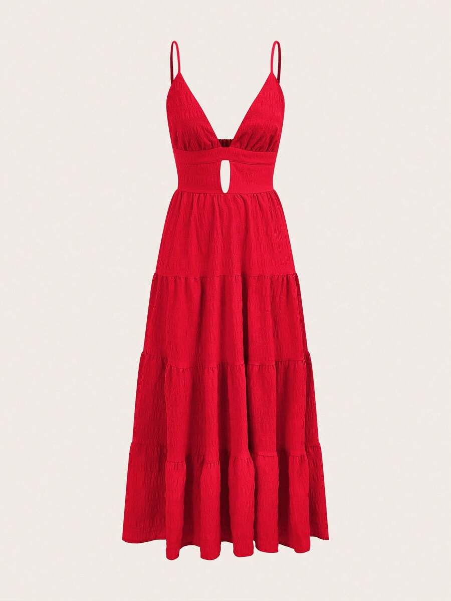 Pariaura Vestido con dobladillo suelto de parches y corbata al cuello, estilo sencillo y casual para vacaciones para mujeres - Rojo - Ver 1