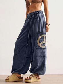 Bohemela Pantalones holgados de punto de unicolor con cordón y bordado de signo de paz, estilo casual y bohemio para vacaciones de mujer - azul real - Ver 4
