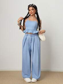 SHEIN PETITE Women Denim Two-Piece Outfits, Summer - Light Wash - View 6