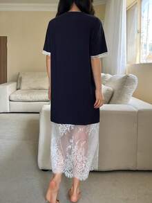 DAZY Women's Elegant Contrast Color Lace Patchwork Loose T-Shirt Nightgown Dress, Casual Home Wear For Summer Pajamas - Navy Blue - View 2