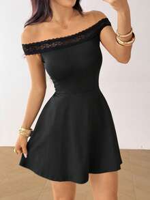 SHEIN EZwear Đầm dệt kim màu đen trễ vai dành cho nữ - màu đen - Xem 6