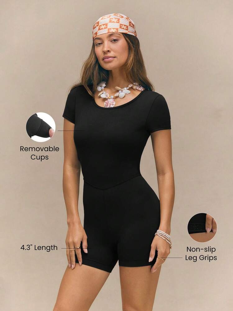 4.3" FeatherFit™-Air Flow Muse Stretchy Sweat-Wicking Backless Crisscross Short Sleeve Bodysuit With Removable Cups Anti-Slip Grip Low Impact Yoga Studio Pilates Daily Wear