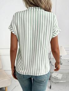 SHEIN Clasi Women's New Striped Patchwork Ruffle Trim Shirt, Suitable For Work And Commute,Summer Top - Green - View 2