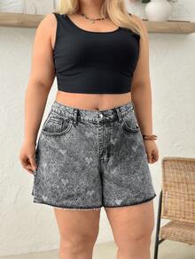 SHEIN Women Washed Detail High-Rise Plus Size Elastic Waist, Denim Shorts - Grey - View 4