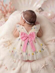SHEIN Vestido sin mangas con volantes y estampado floral de organza para bebé niña recién nacida para el verano - Beis - Ver 6
