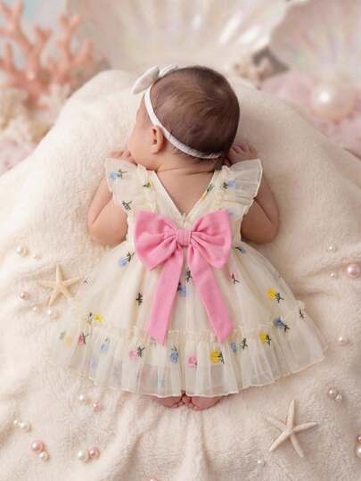 SHEIN Đầm không tay xếp bèo họa tiết hoa bằng vải organza dễ thương cho bé gái sơ sinh mùa hè