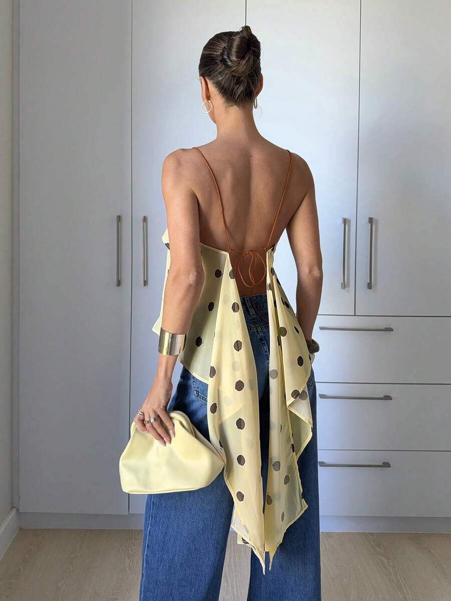 Siren Gaze Áo hai dây chấm bi sang trọng, áo tank top hở lưng màu vàng thanh lịch cho nữ mùa hè, trang phục bất đối xứng buộc dây gợi cảm, áo voan mỏng nhẹ đi biển, áo kiểu chấm bi cổ điển thời trang.