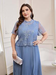Reflora Abito da donna taglie forti con ricamo floreale plissettato casual per feste, abito estivo, abito per festival, abito da ospite di matrimonio, abito da laurea, abito da ballo elegante - Blu - Visualizzare 7