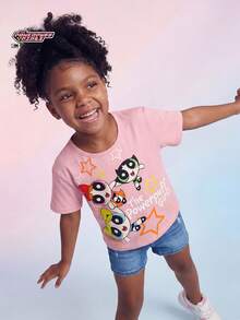 THE POWERPUFF GIRLS X SHEIN Maija Kids Cartoon Pattern Soft Knit Round Neck Short Sleeve Dropped Shoulder Pullover T-Shirt For Young Girls - Pink - View 3