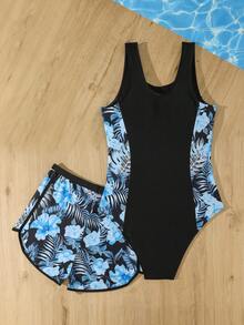 SHEIN Bộ đồ bơi liền thân in họa tiết cây nhiệt đới dành cho thiếu nữ, gồm áo tắm và quần short thể thao, kiểu dáng thời trang thường ngày, phù hợp cho bơi lội và kỳ nghỉ hè (Họa tiết in ngẫu nhiên). - màu đen - Xem 2