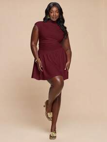 SHEIN BAE Plus Size Women Solid Color Pleated Elegant Waist Cinched Cocktail Party Dress - Maroon - View 6