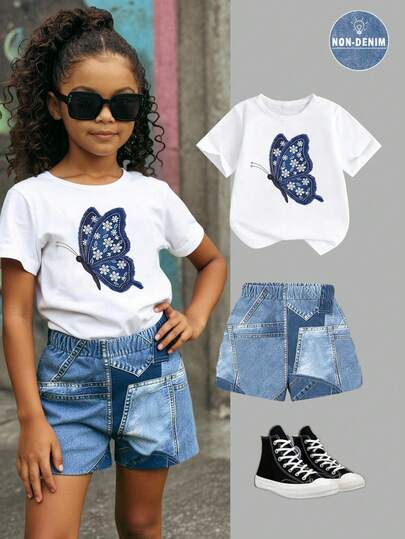 2pcs/Set Girls' Butterfly Print Short Sleeve T-Shirt And Denim Shorts, Children's Fashionable Denim Style Floral Butterfly Pattern White T-Shirt + Faux Patchwork Denim Print Shorts Set, Casual Outfit For Young Girls 4Y-7Y, Suitable For Daily Wear, School, Outing In Spring, Summer, Autumn, Winter