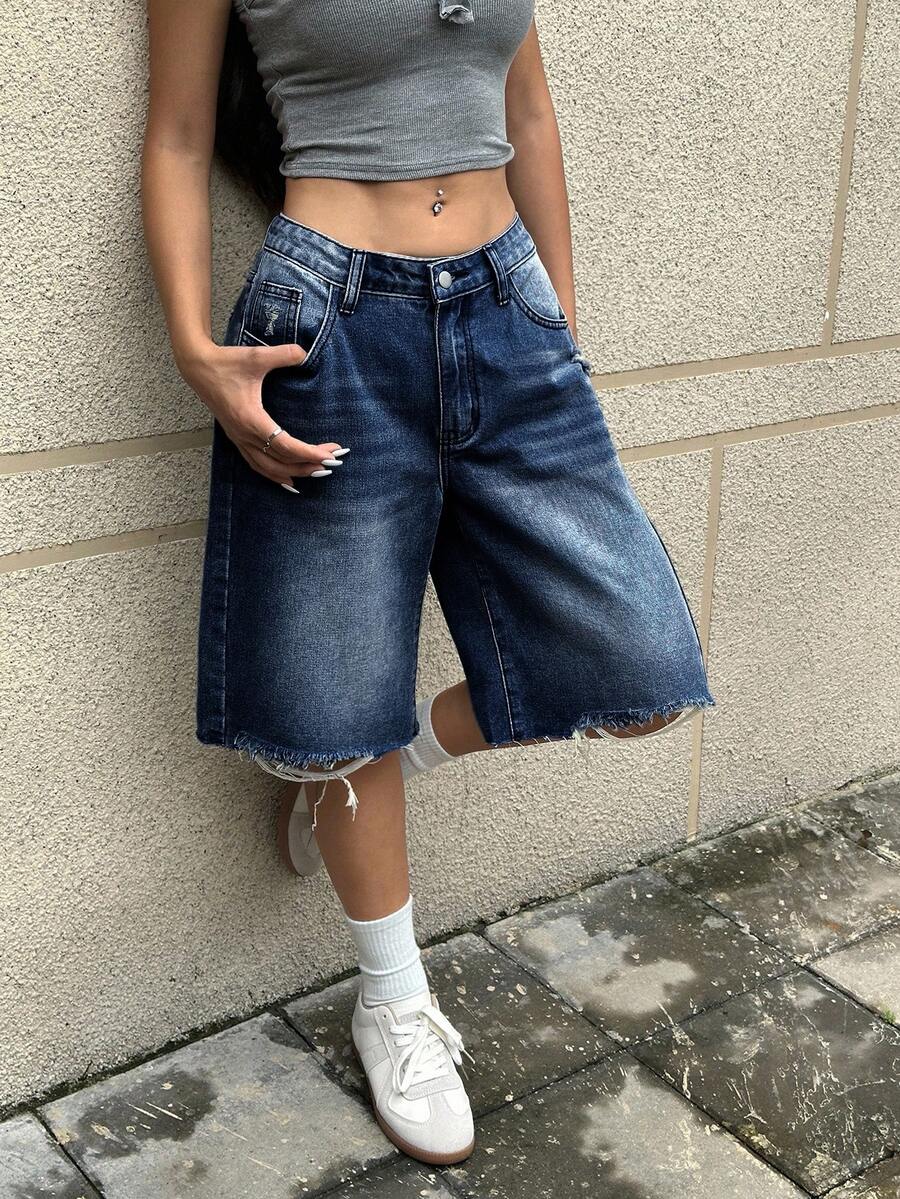 SHEIN EZwear Quần short denim rách gấu có túi dành cho nữ, phong cách đường phố. - Rửa tối - Xem 1