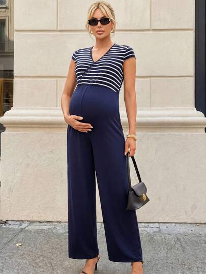 MaterniWear Summer Outfits,Maternity Work Clothes,Maternity Work Outfits,Maternity Work Dresses,Business Casual Outfit Women ,Office Wear Women Outfits,Pregnant Women's Summer Casual Vacation & Commute Patchwork Striped Print Batwing Nursing Jumpsuit
