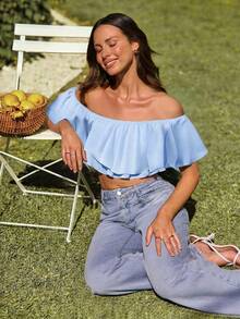 SHEIN VCAY Top corto con hombros descubiertos para vacaciones - Azul - Ver 7