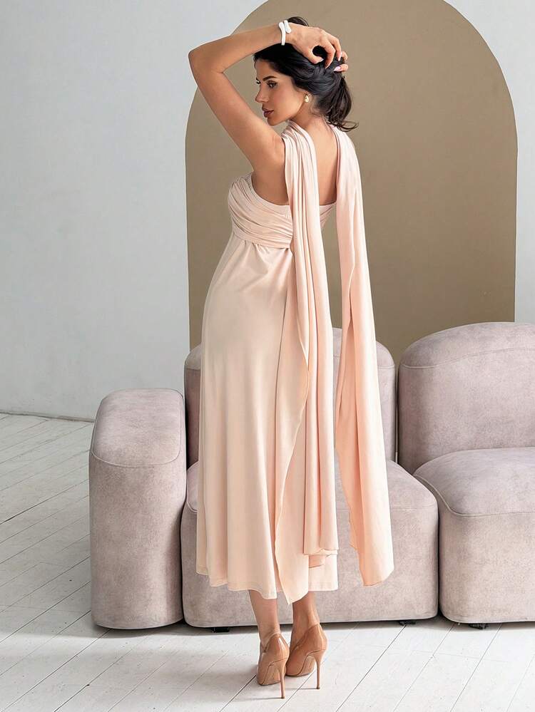 Women's Elegant Solid Color Pleated Bandeau Top & Headscarf 2 Pieces Set, Summer Lounge Sets For Women