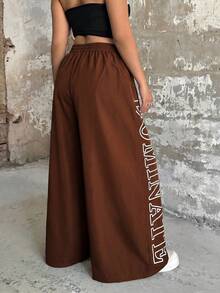 POPSWAY Plus Size Elastic Waist Pants Set With Letter Print, Women Street Style - Brown - View 2