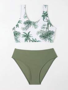 Teen Girl Tree Pattern Bikini Set Summer Beach Kids Swimming ,Kids Beachwear - Army Green - View 5