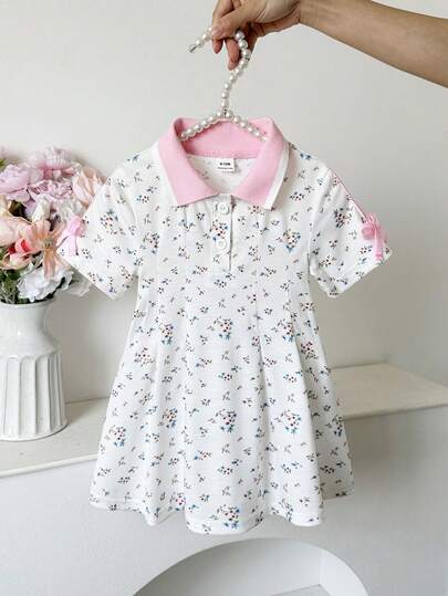 SHEIN 1 chiếc đầm trắng kiểu dáng thường ngày cho bé gái, cổ và tay áo bo gân, thích hợp cho mặc hàng ngày, đi chơi, thể thao, dự tiệc.