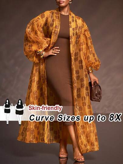 SHEIN CURVE+ 2025 Autumn/Winter Plus Size Women's Casual, Versatile, Vacation, Cruise, Beach, Sunbathing Plus Size Organza Print Sheer Design Long Sleeve Jacket