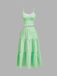 SHEIN MOD Conjunto de 2 peças Camiseta Regata com Renda Xadrez Verde e Saia de Comprimento Médio para Mulheres Plus Size, Adequado para Uso Diário, Campo, Férias - Verde - Visão 2